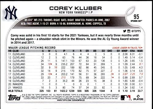 2022 Topps Nyitó Nap 95 Corey Kluber New York Yankees MLB Baseball Kártya NM-MT