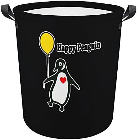 Boldog Pingvin Szennyesben Kerek Vászon Szövet Kosár fogantyúval Vízálló, Összehajtható Mosás Bin Ruha Táska