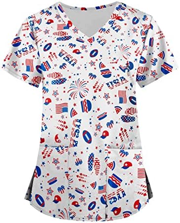 Női Nővér Egyenruhát Nyáron, Amerikai Zászló V-Nyak Bozót, Maximum Rövid Ujjú Plus Size Ing, Póló, Maximum a Zsebek