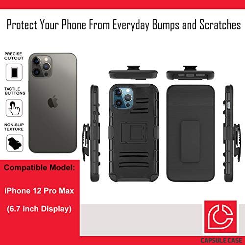 Ohiya Esetben Kompatibilis az iPhone 12 Pro Max [Katonai szintű Védelem, Ütésálló, nagy teherbírású Állvány Védő Tok Fekete-Ügy]