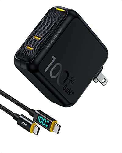 AOHI 100W USB-C Töltő GaN+, 2 Port C Típus PD Fali Töltő Összecsukható hálózati Adapter 4ft USB-C-USB-C LED Kijelző Kábel