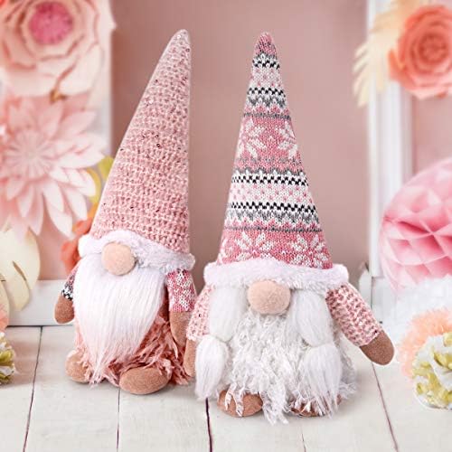D-FantiX Rózsaszín Karácsonyi Gnómok Dekorációk, 2Pack Kézzel készített svéd tomte barátja Gnome LED Világítás Orr Horgolt