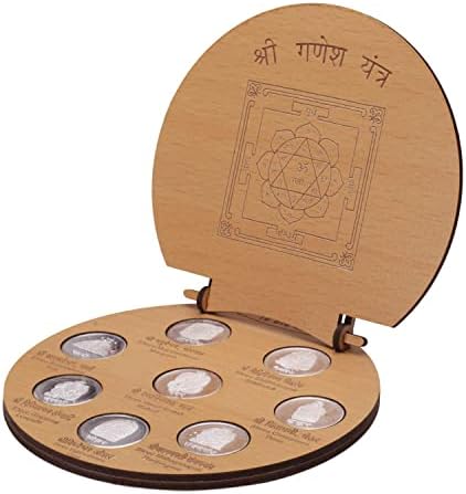 Shri Ashta Vinayak Darshan Tiszta Ezüst 999 Készlet 8 Ezüst Érmék Yantra a Fából készült Keret - 20 Gramm