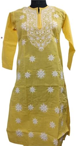Női Pamut chikankari kurta kasmíri design kézzel készített kurti Női pamut ruha(közepes). Sárga