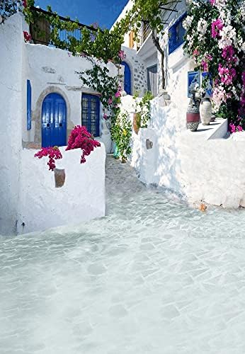 Laeacco 5x7ft Görögország Hátteret Romantikus Santorini Esküvői Fotó Hátteret Égei-Tengeri görög Építészet Fehér Kő Ház Virágok