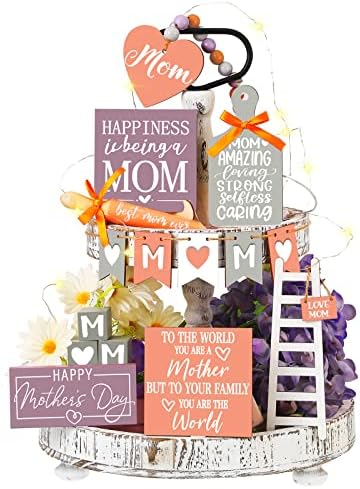 15 Db anyák Napja Többszintű Tálca Dekoráció Boldog anyák napját Fa Jelek Parasztház Dekoráció Fa Szív Gyöngy Koszorú LED